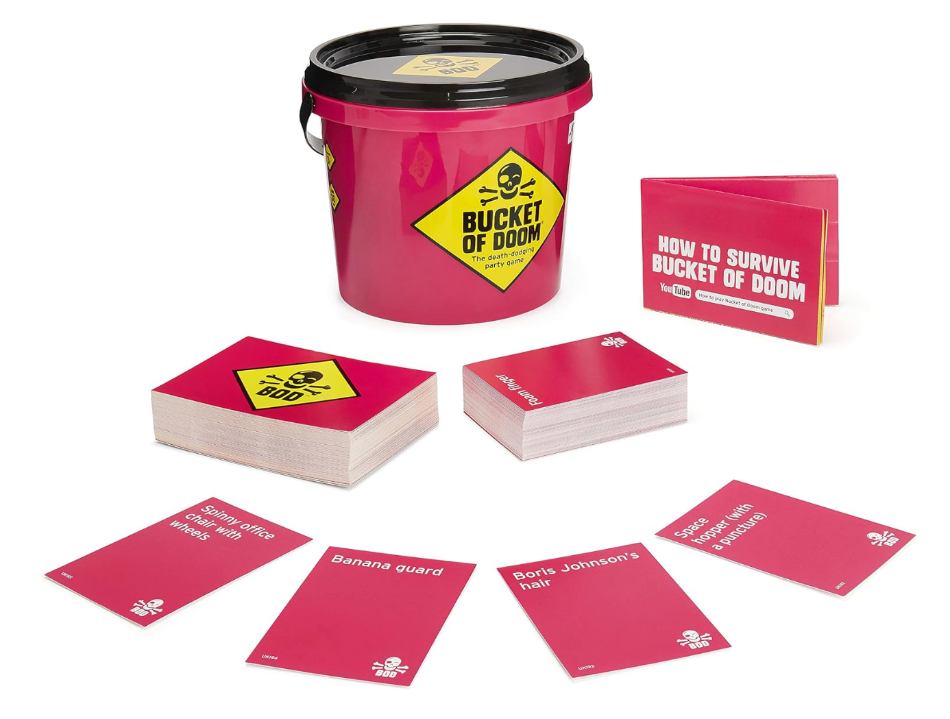 Bucket of Doom game contents including scenario cards, item cards, instructions, and storage bucket.