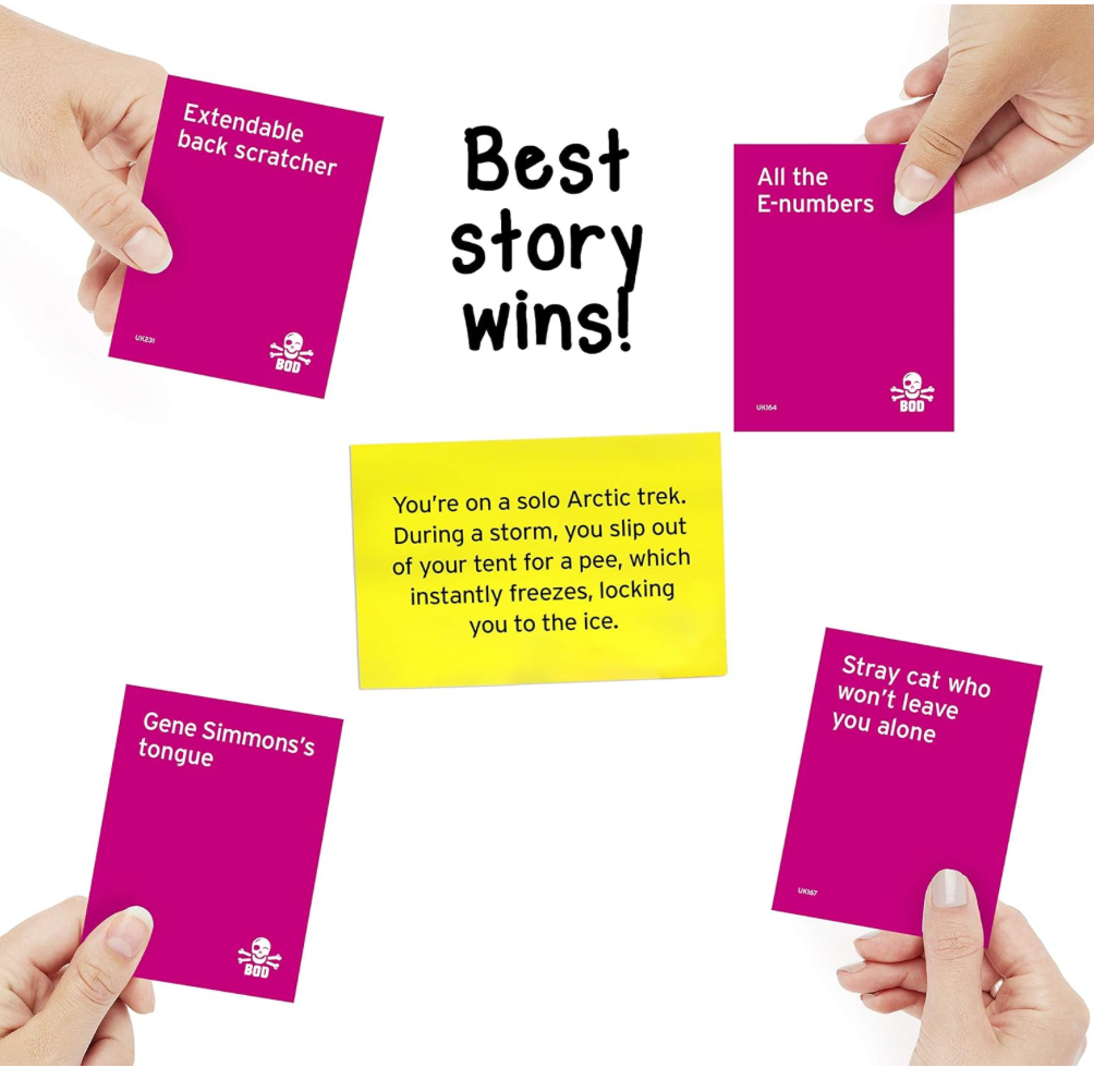 Players using item cards to create hilarious survival stories in the Bucket of Doom adult party game.