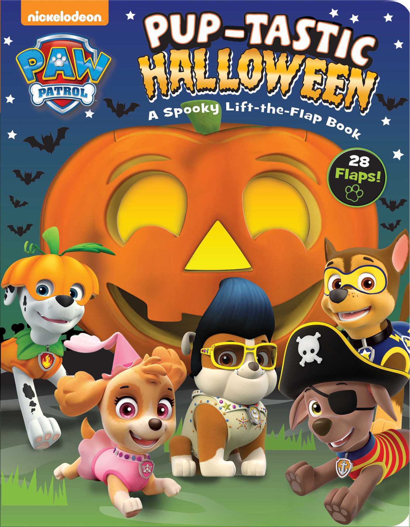 Children's book cover featuring PAW Patrol characters in Halloween costumes with a pumpkin.