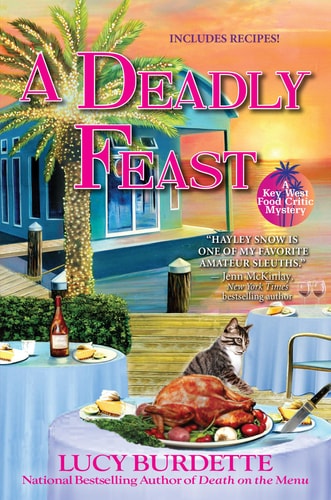 Book cover of 'A Deadly Feast' by Lucy Burdette with a beachside dinner scene and palm tree.