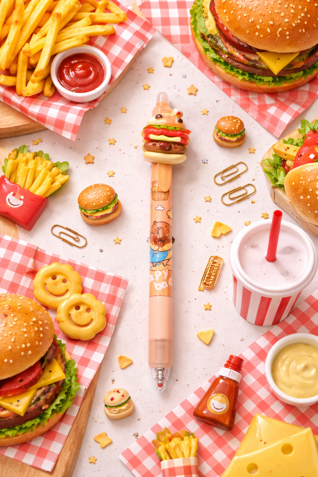 Hamburger novelty gel pen with 3D burger topper styled in a playful fast food flat lay with fries, burgers, ketchup and cute snack details.