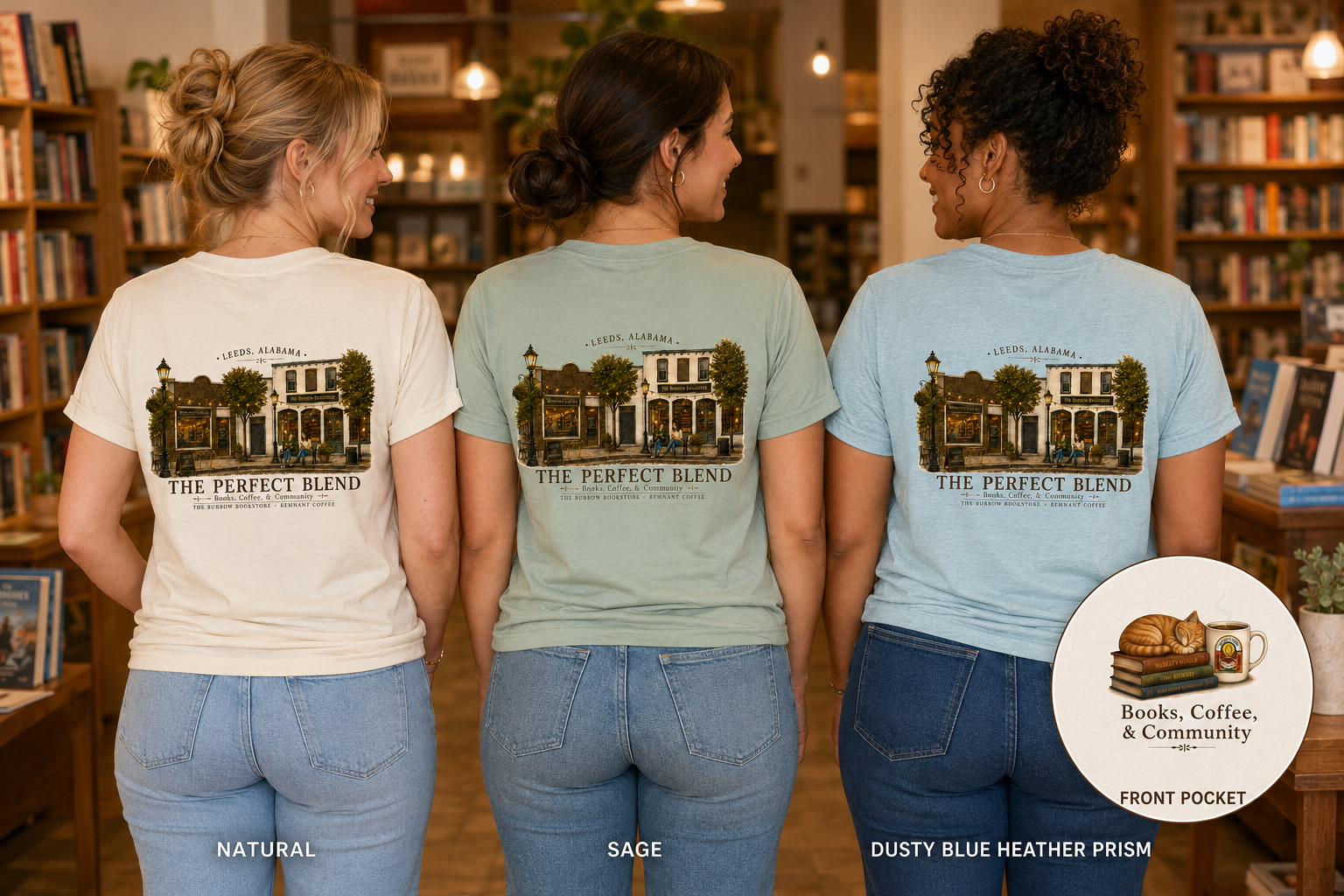 Chapters and Coffee Leeds Alabama t-shirt collaboration between The Burrow Bookstore and Remnant Coffee