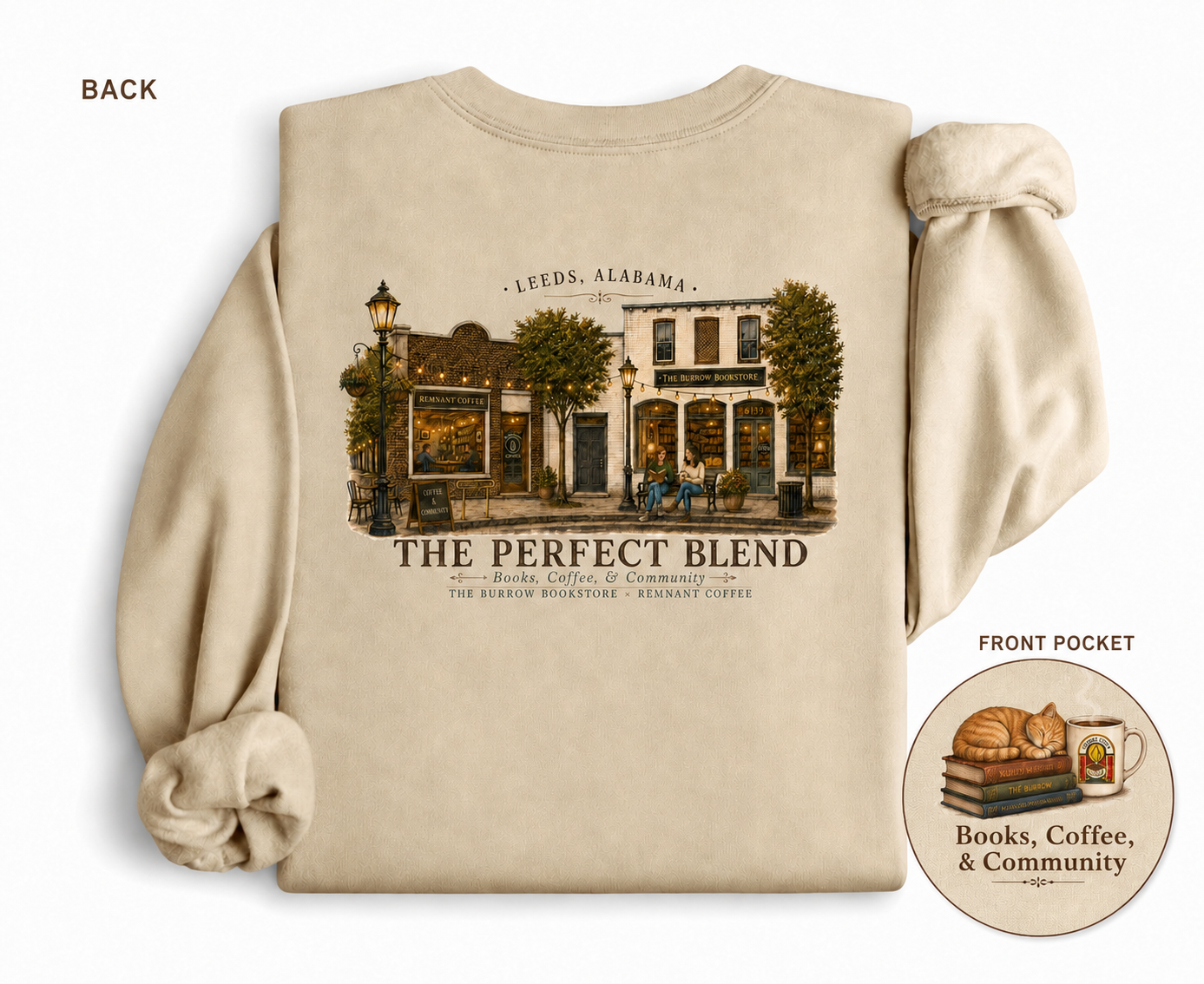 The Burrow Bookstore and Remnant Coffee Chapters and Coffee collaboration sweatshirt