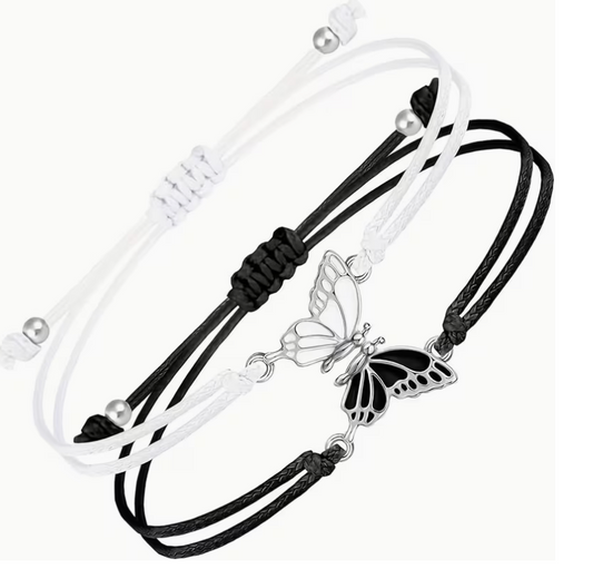 Black and white adjustable cord butterfly bracelets with silver-tone butterfly charms