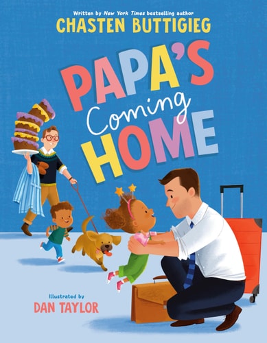 Book cover of 'Papa's Coming Home' with colorful text and illustrations of a father and children.