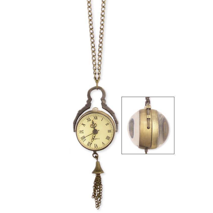 Necklace: Vintage Globe Watch and Burnished Gold Antique World Map Charm with Tassel