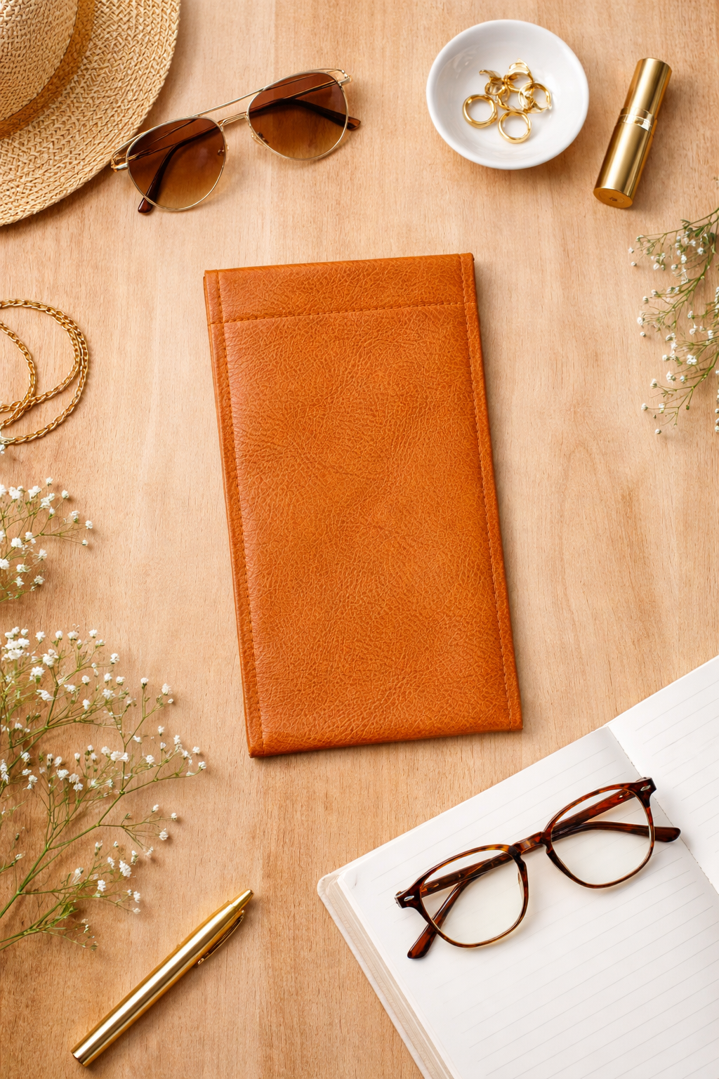 Camel slim faux leather reading and sunglasses holder displayed in a styled flat lay with sunglasses, notebook, pen, and gold accessories.
