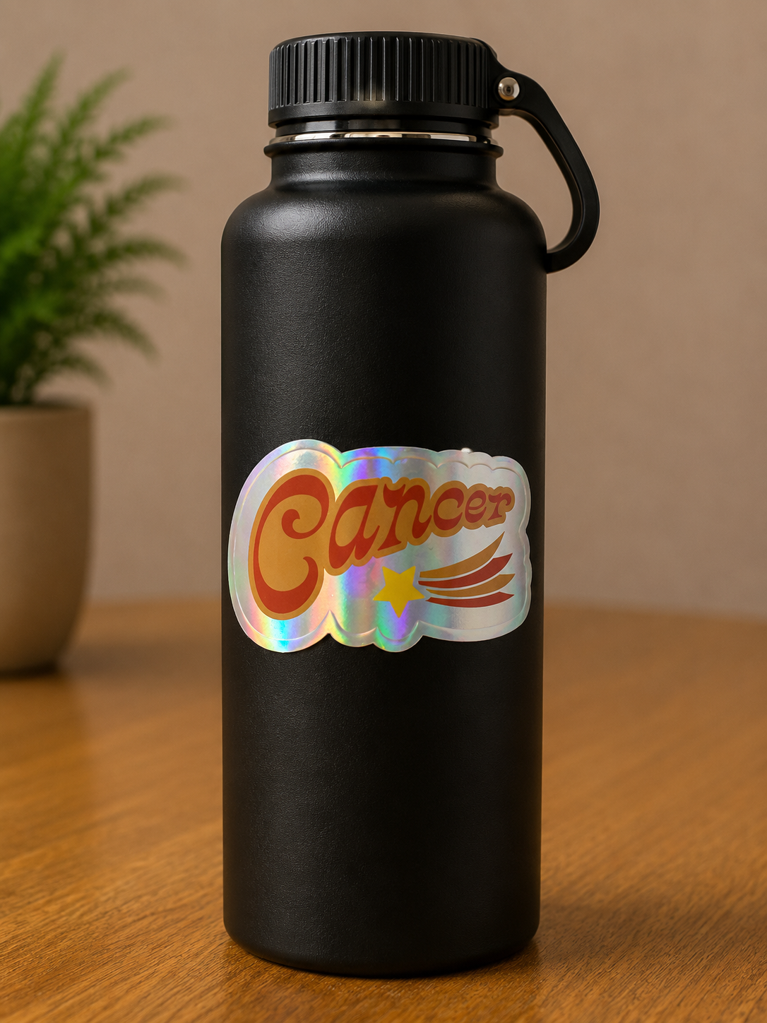 Cancer zodiac holographic vinyl sticker displayed on a black water bottle with retro celestial design.