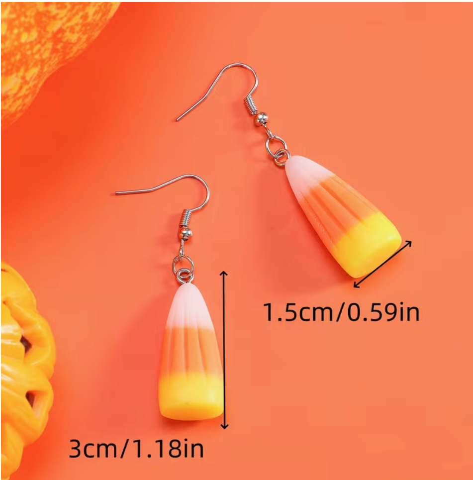 Candy corn Halloween earrings with acrylic charms measuring approximately 1.18 inches long and .59 inches wide.