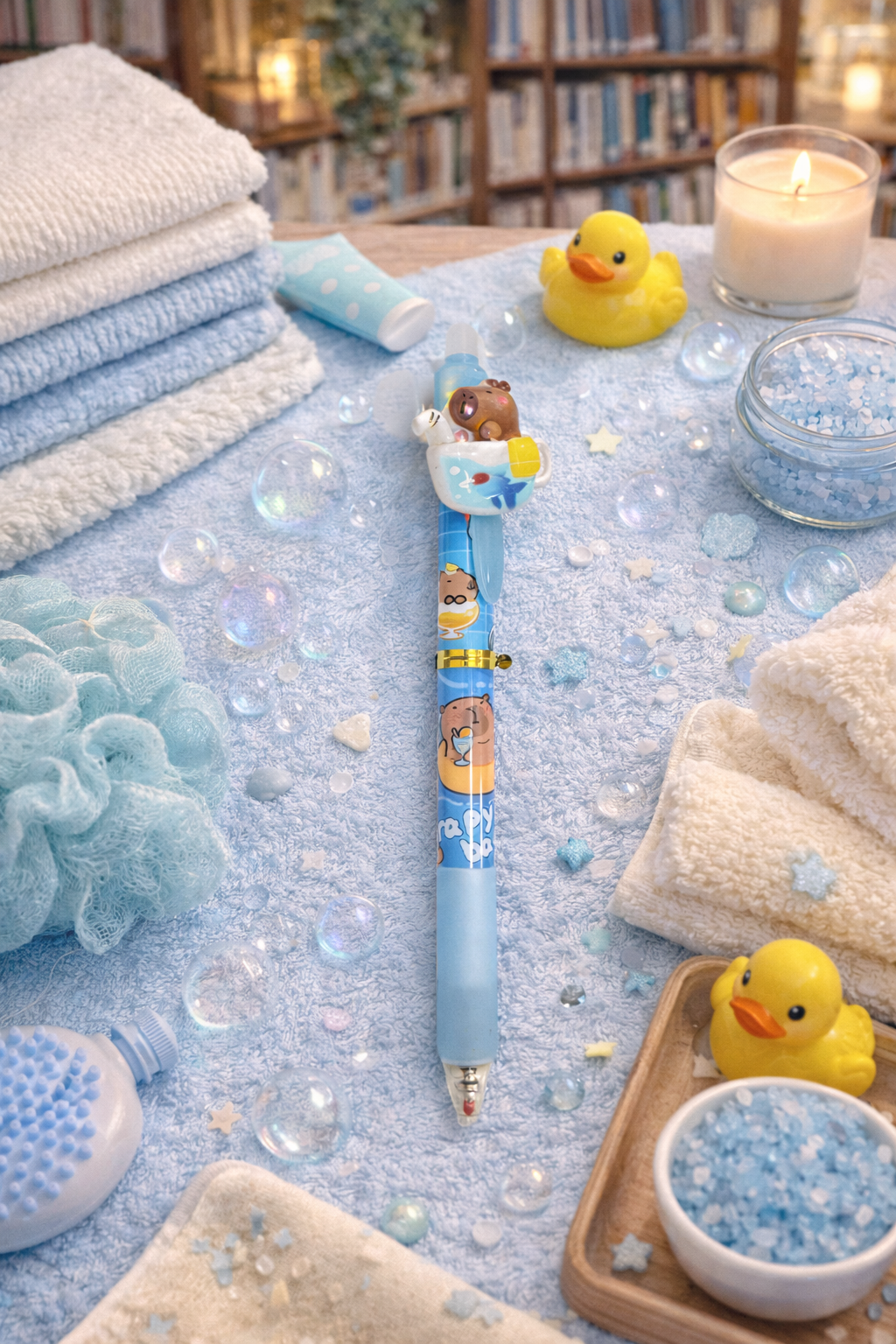 Cute capybara novelty gel pen with bath-time capybara topper styled on a blue spa themed flat lay with towels, rubber ducks, bubbles, candle, and bath accessories, sold individually.