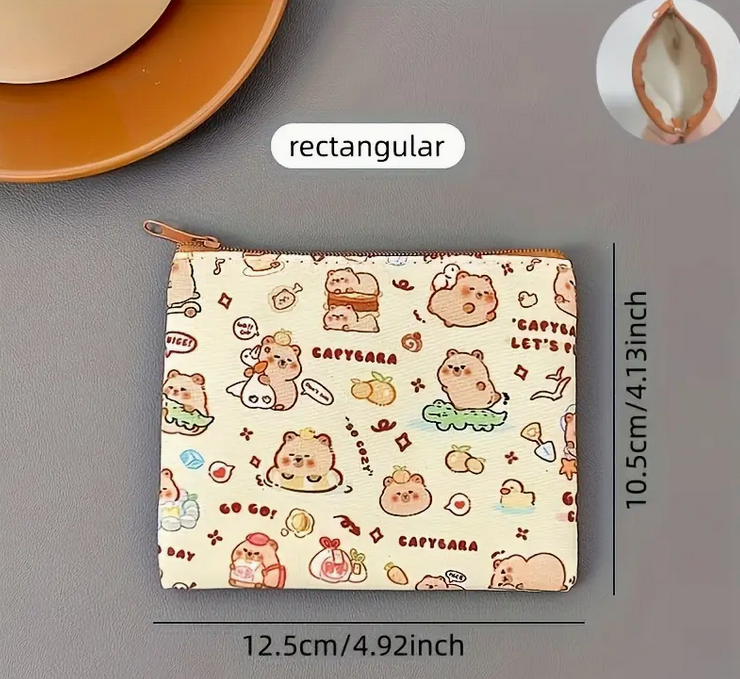 Rectangular pouch with cartoon character pattern on a gray background