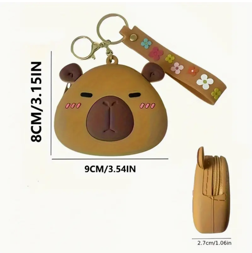 Bear-shaped keychain with measurements on a white background
