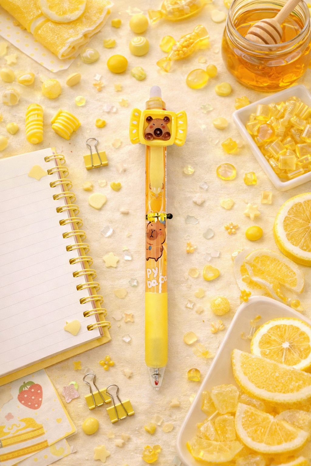 Yellow capybara novelty gel pen with a honey and lemon themed capybara topper styled in a bright yellow flat lay with lemon slices, honey jar, notebook, clips, and candy accents, sold individually.