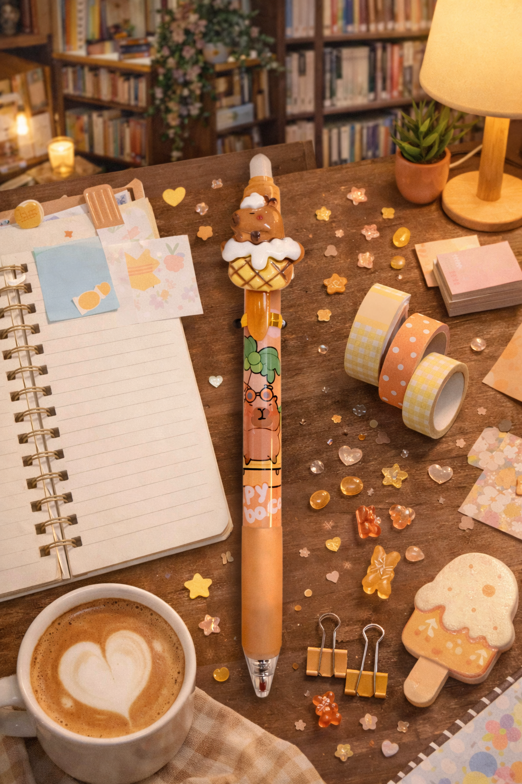 Cute capybara novelty gel pen with ice cream cone topper styled on a cozy desk flat lay with notebook, coffee, washi tape, and pastel stationery, sold individually.