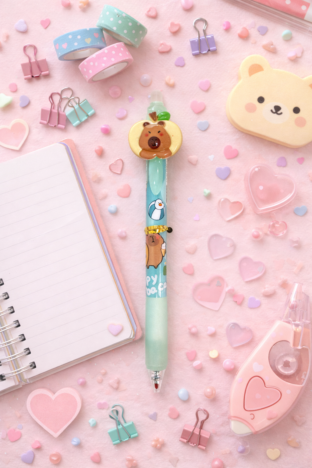 Cute capybara novelty gel pen with peach-shaped capybara topper in a pastel pink kawaii stationery flat lay with hearts, washi tape, clips, and notebook, sold individually.