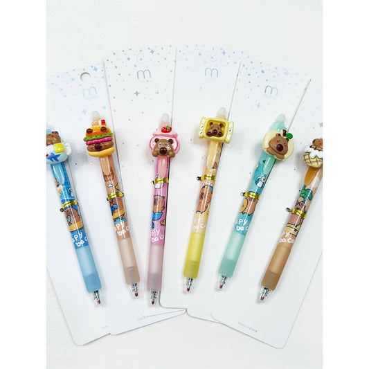 Assorted cute capybara character gel pens in multiple pastel colors displayed on backing cards, novelty animal pens sold individually.