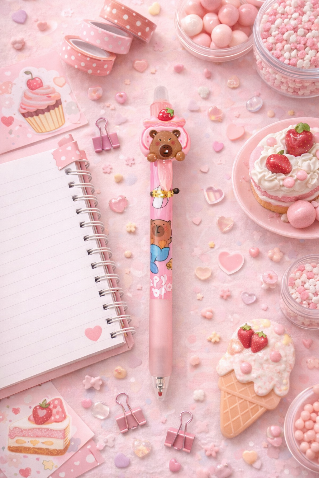 Pink capybara novelty gel pen with strawberry dessert themed capybara topper styled in a pastel pink flat lay with notebook, washi tape, heart confetti, strawberries, cupcakes, and sweets, sold individually.