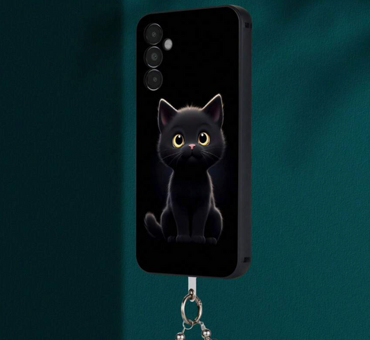 Phone case with a black cat design on a dark background