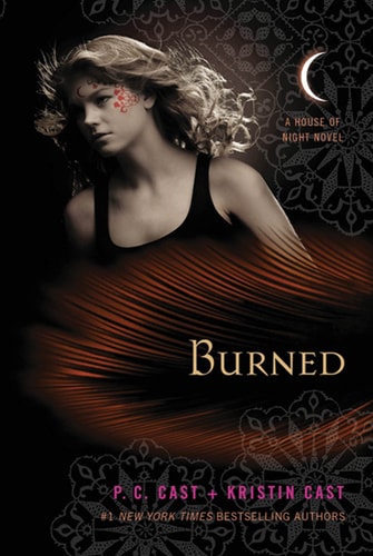 Cover of Burned by P.C. Cast and Kristin Cast, depicting a fiery background with symbolic elements.​