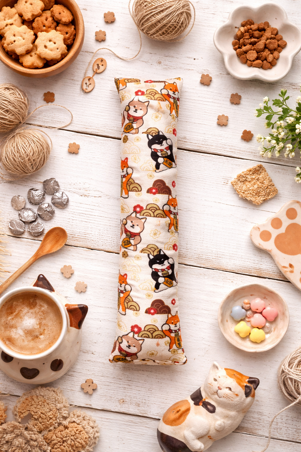 Fabric cat chew toy pillow with cream lucky cat pattern in styled flatlay with pet accessories