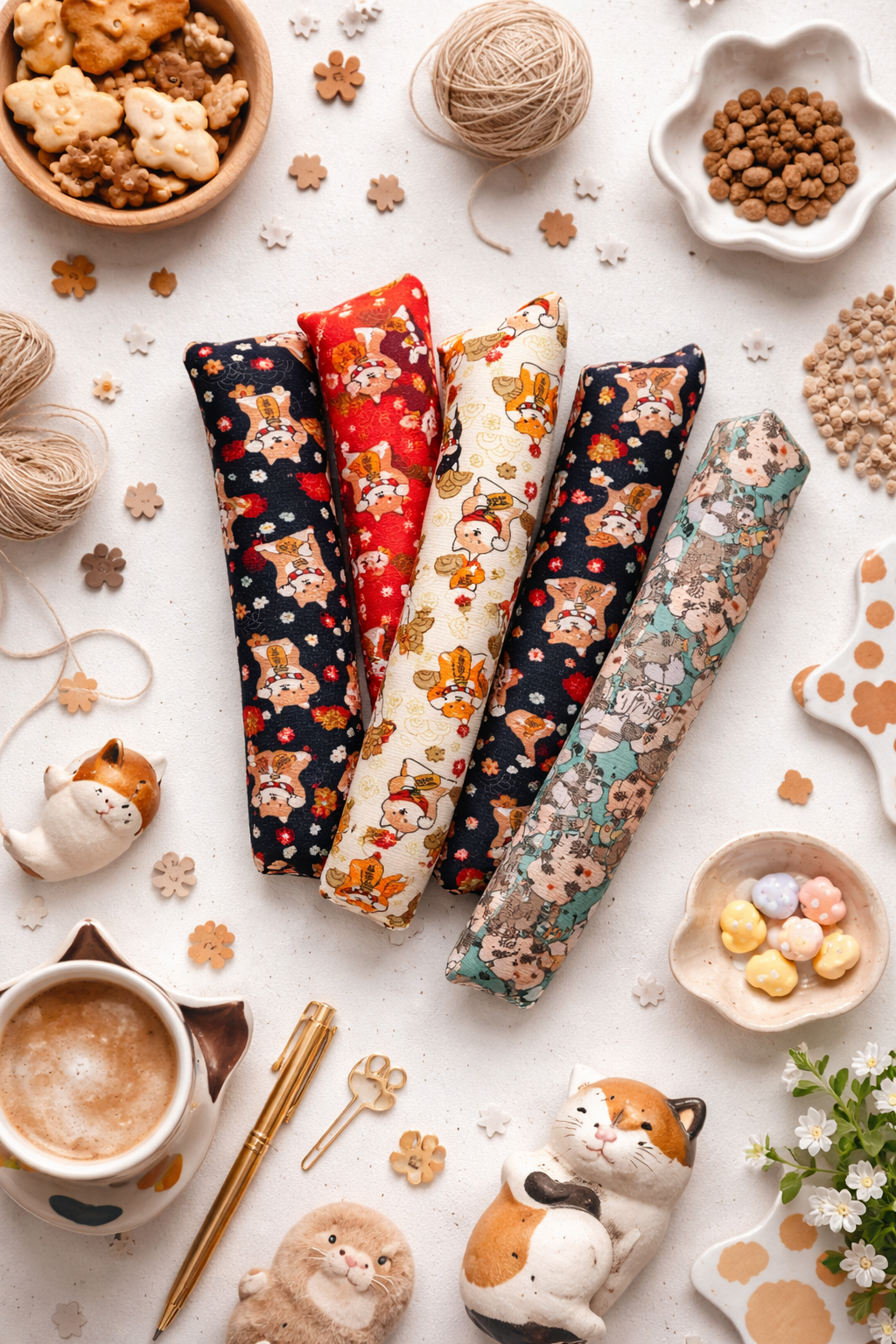 Flatlay of cat chew toy pillows with cozy cat-themed accessories