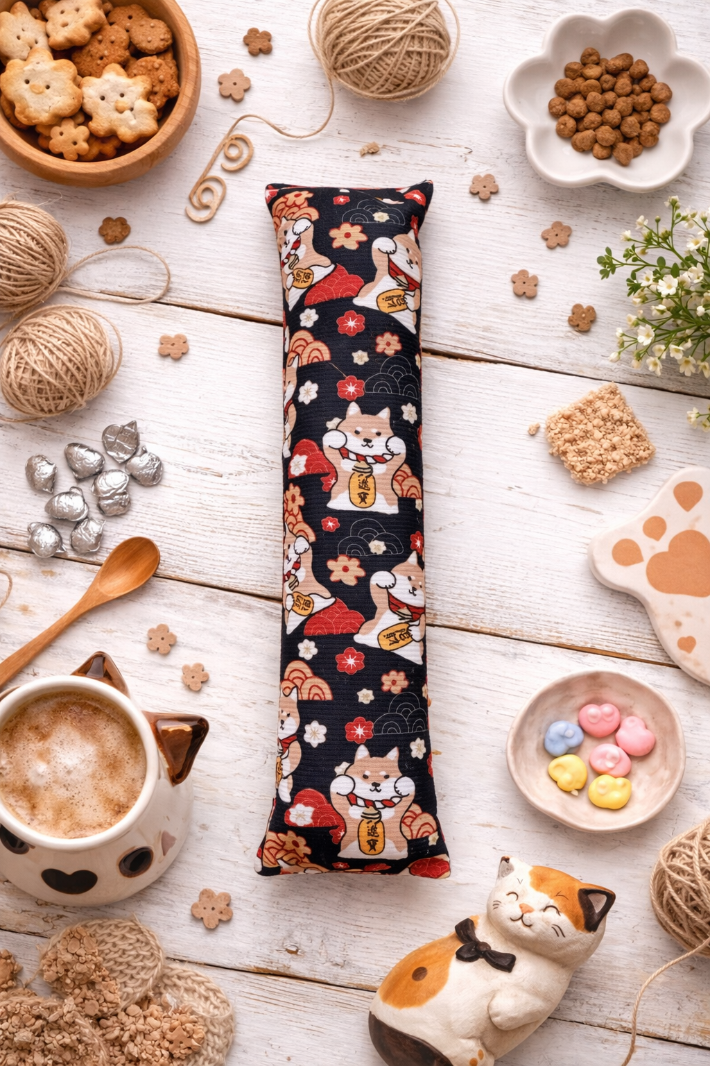 Fabric cat chew toy pillow with navy lucky cat pattern displayed in warm cozy flatlay scene