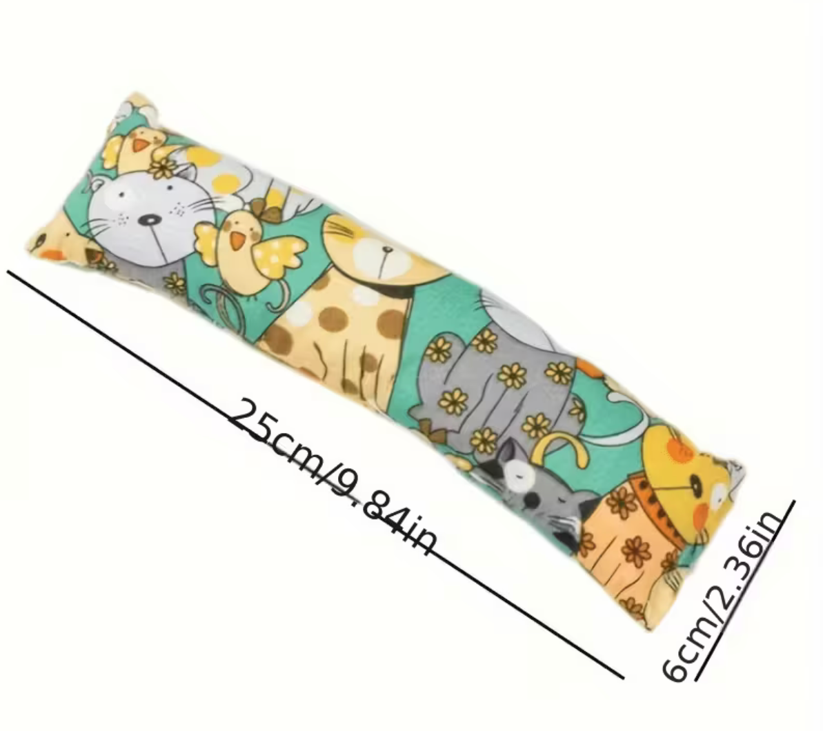 Cat chew toy pillow with size dimensions shown
