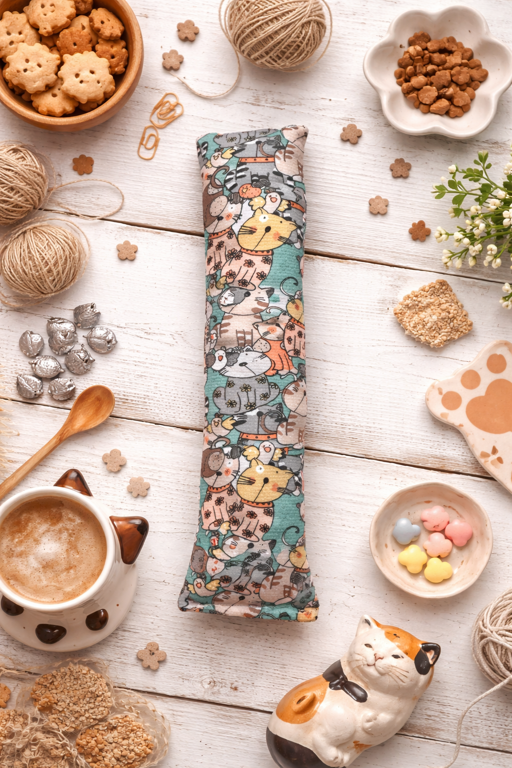 Fabric cat chew toy pillow with teal cat pattern in cozy flatlay with treats and yarn