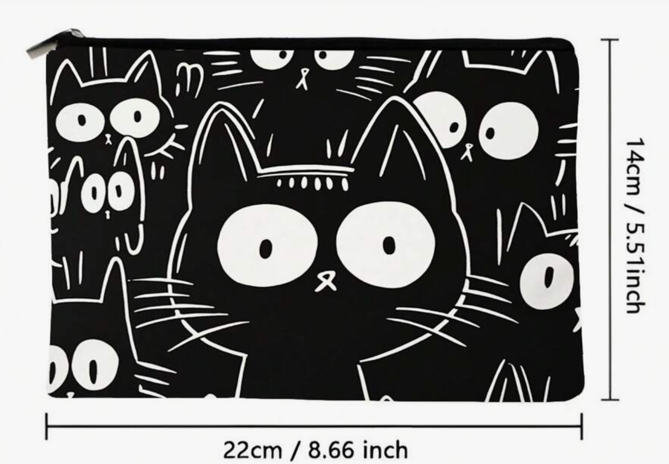 Black pouch with white cat illustrations and measurements on the side