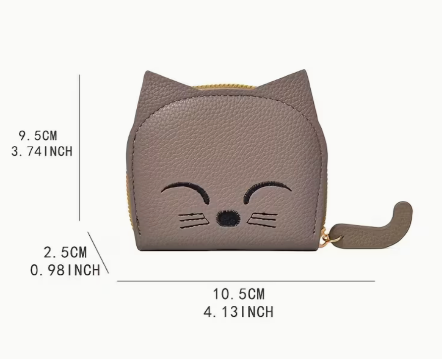 Grey cat mini wallet with printed size measurements