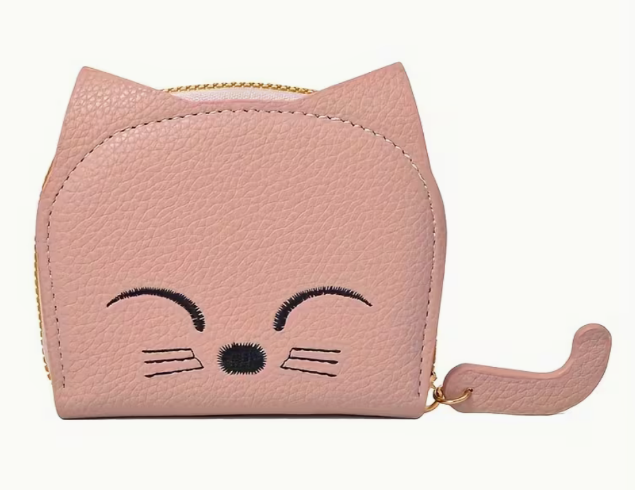 Cat mini wallet in pink with stitched cat face and zipper tail pull