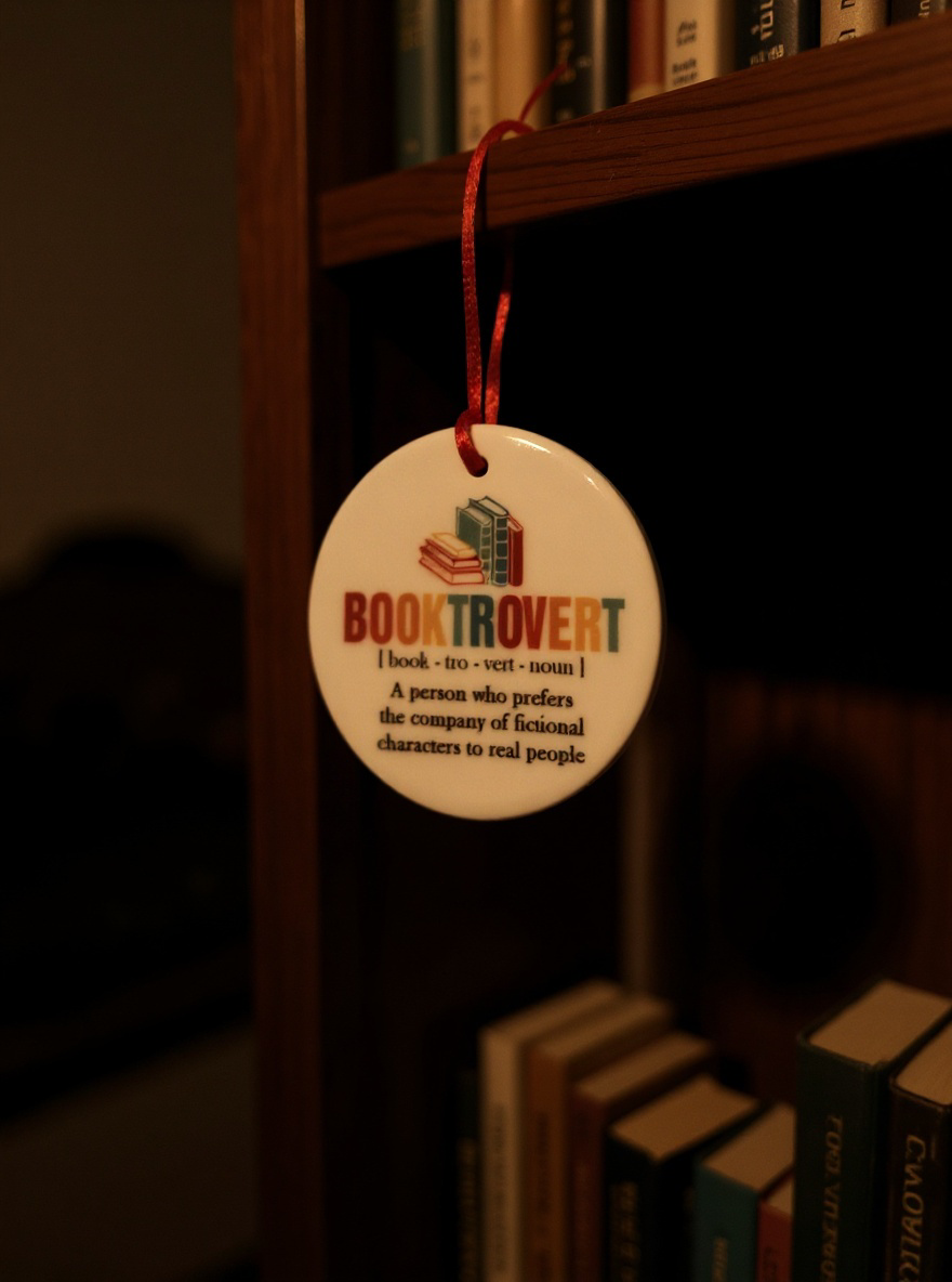 Ceramic ornament with the word Booktrovert and a definition about preferring fictional characters, hanging beside a bookshelf.