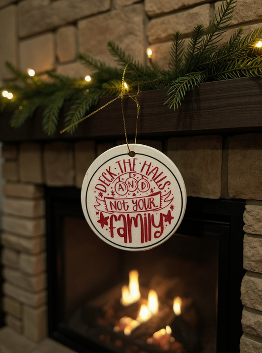Ceramic ornament with red lettering that says Deck the halls and not your family hanging by a fireplace