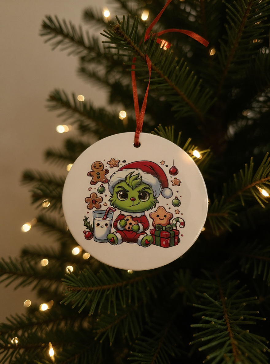 Ceramic ornament showing a cute green Christmas character in a Santa outfit holding a cookie with festive treats and decorations around him