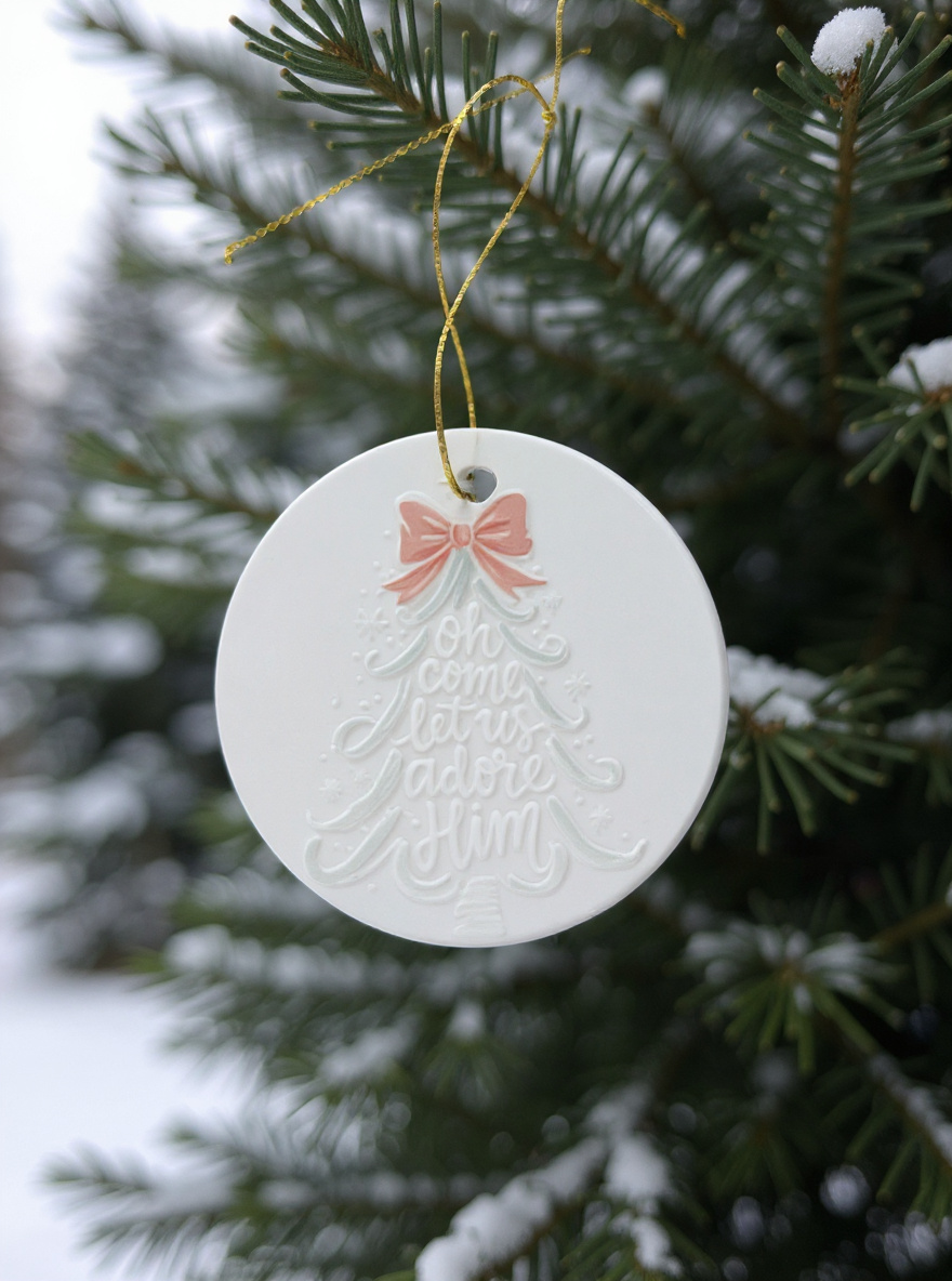 White ceramic ornament embossed with a Christmas tree and the phrase Oh come let us adore Him hanging on a snowy evergreen tree