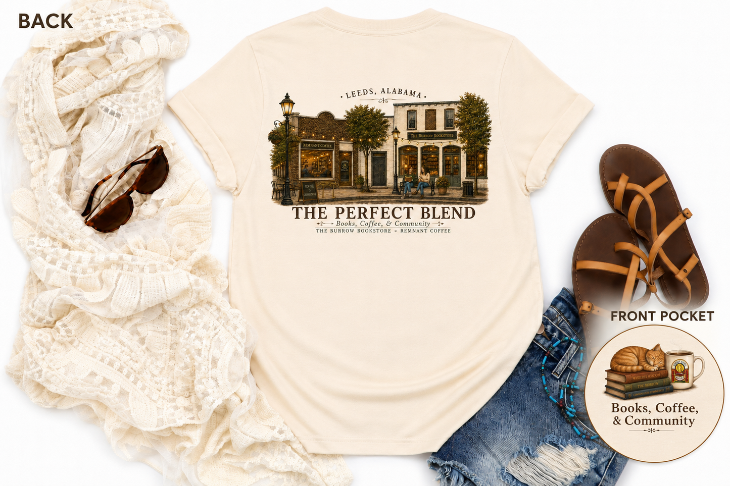 The Burrow Bookstore and Remnant Coffee collaboration shirt featuring Leeds Alabama and Chapters and Coffee design