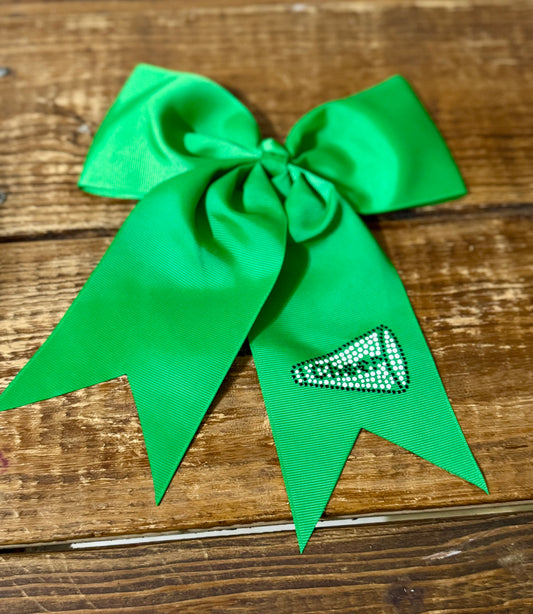 Kelly green cheer bow with a megaphone design and "cheer" text, showcasing school spirit in vibrant colors.