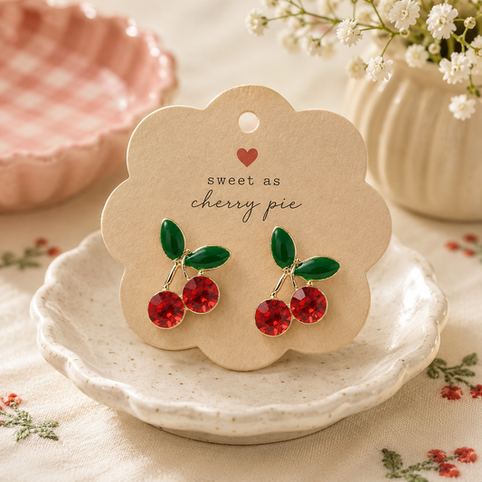 Pair of gold-tone cherry stud earrings with sparkling red rhinestones and green leaves displayed on a decorative jewelry card.
