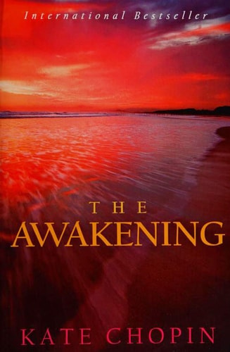 Book cover of 'The Awakening' by Kate Chopin with a sunset over water illustration.