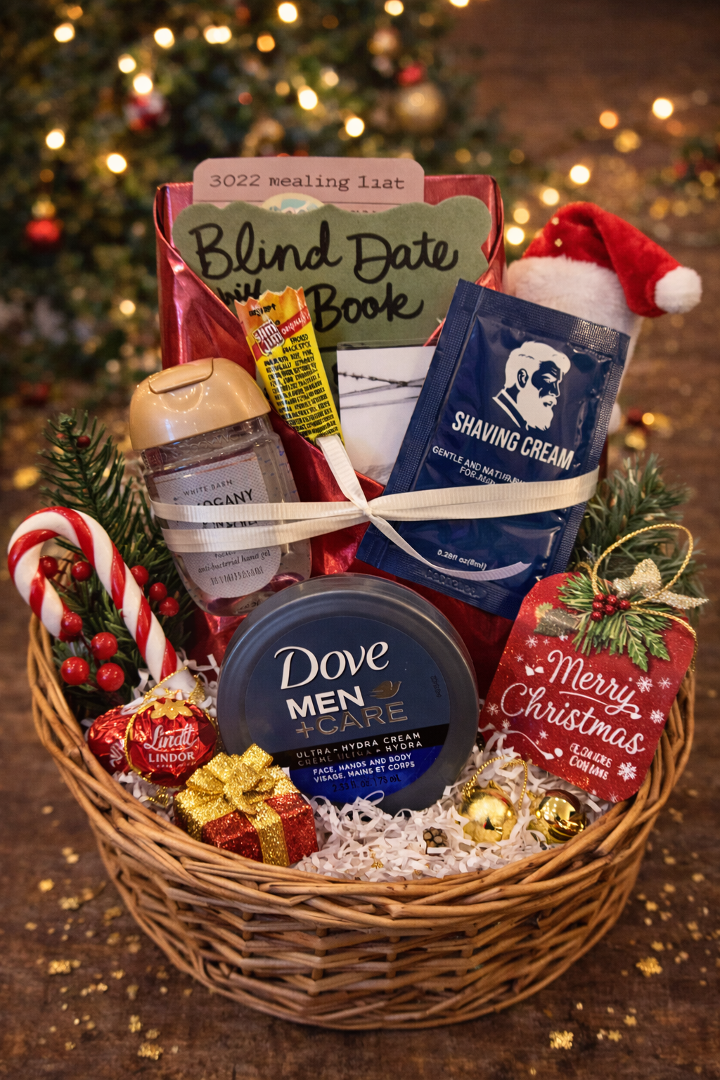 Gift basket with men's grooming products and festive decorations in front of a Christmas tree.