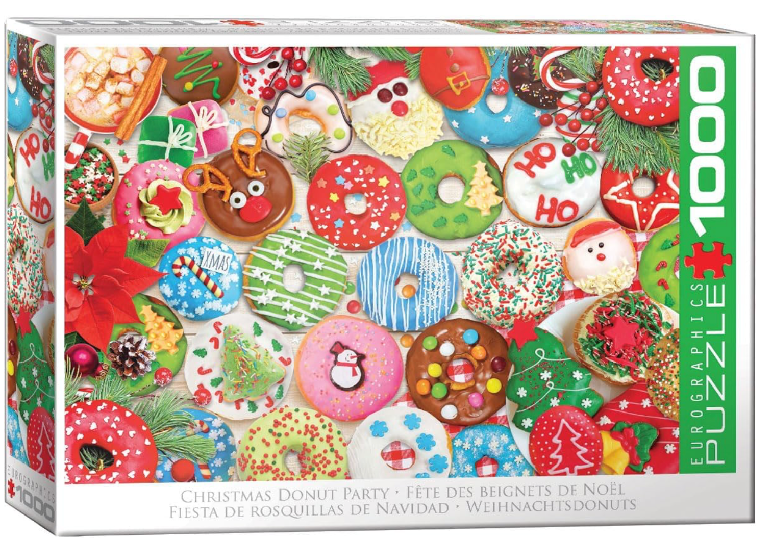 Puzzle box with Christmas donut-themed design featuring various colorful donuts.