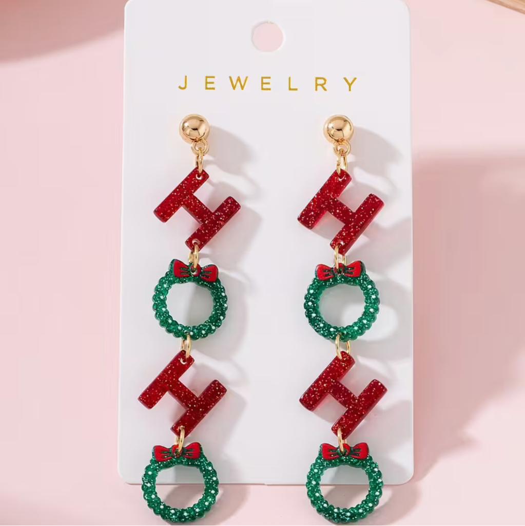 Christmas HO HO HO dangle earrings with glitter red letters and green wreaths