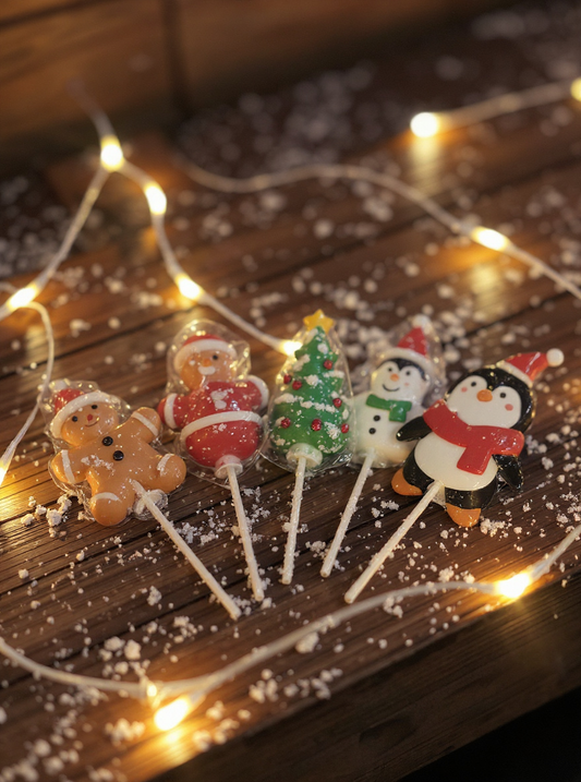 Assorted Christmas character suckers including gingerbread, Santa, Christmas tree, snowman, and penguin arranged on a festive wooden surface with holiday lights