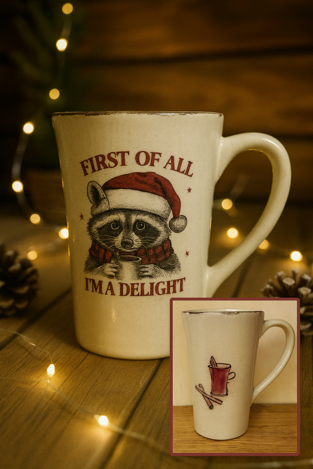 Cream ceramic mug with a festive raccoon graphic and the phrase First of All I’m a Delight, surrounded by Christmas lights and pinecones.