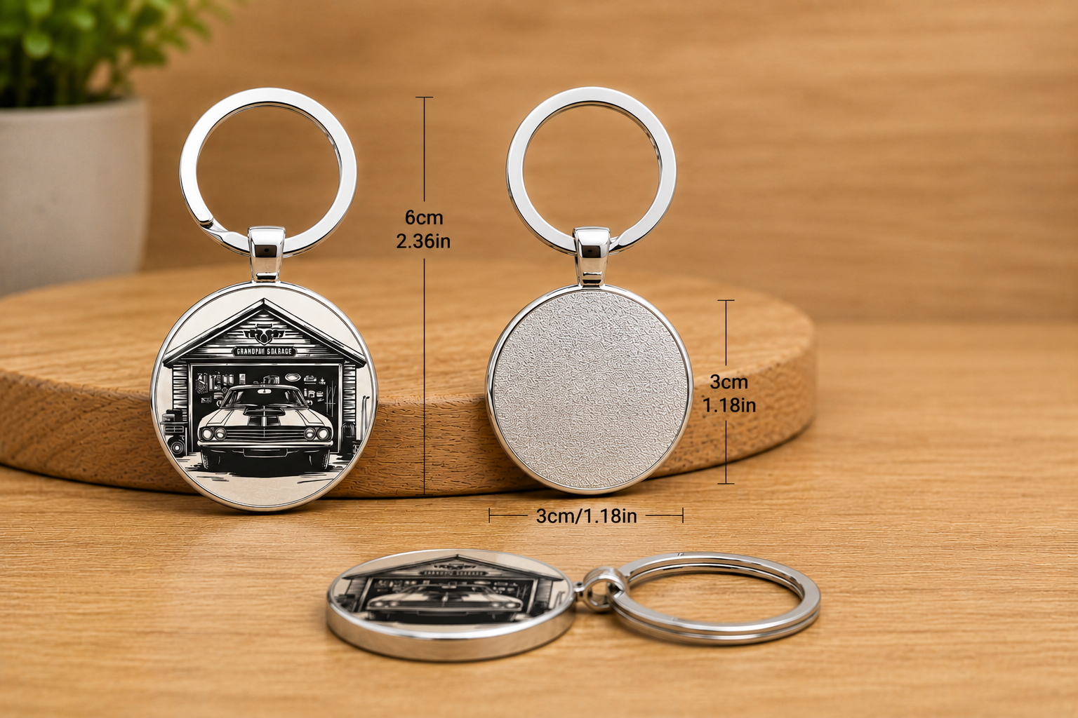 Classic American muscle car keychain with vintage garage scene artwork and silver metal ring