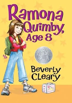 Front cover of Ramona Quimby, Age 8 by Beverly Cleary, featuring an illustration of Ramona smiling proudly while wearing her backpack.