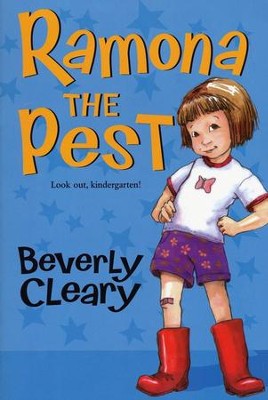 Front cover of Ramona the Pest by Beverly Cleary, featuring an illustration of Ramona with a mischievous smile and tall red boots.