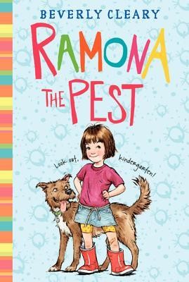 Front cover of Ramona the Pest by Beverly Cleary, featuring an illustration of Ramona with a mischievous smile and a dog.