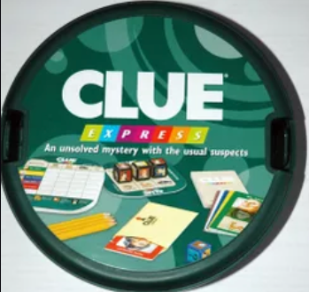 Clue Express board game box with compact design, featuring familiar characters and portable play format.