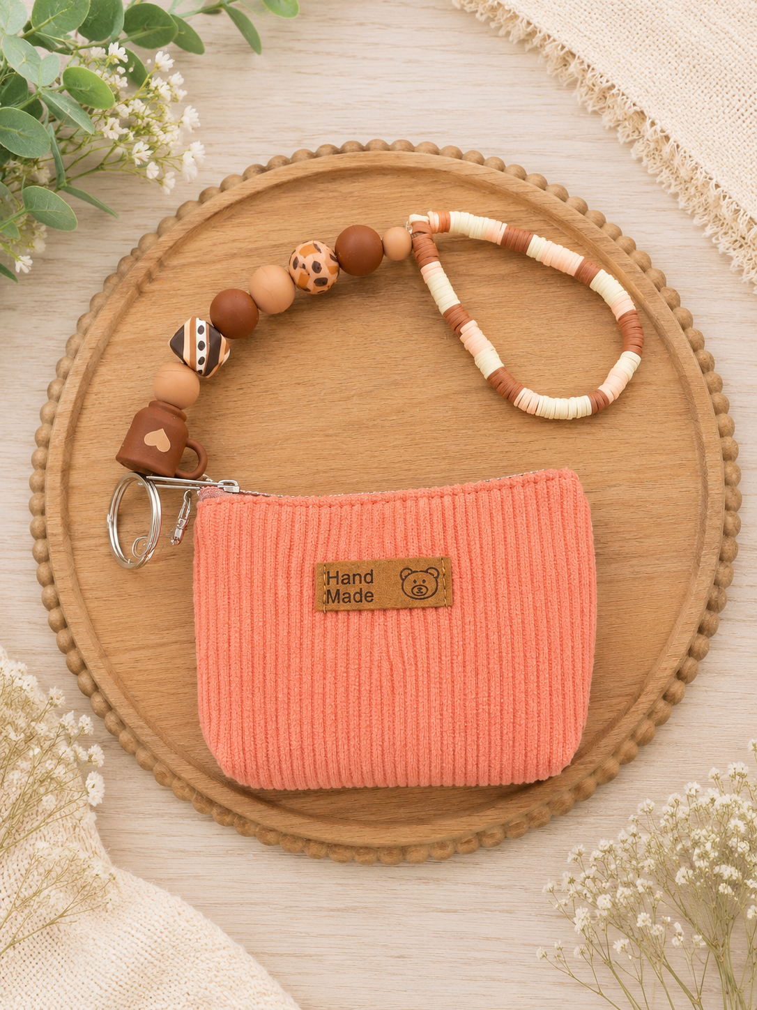 Coffee lover beaded wristlet keychain with coral zipper pouch and brown cream beads